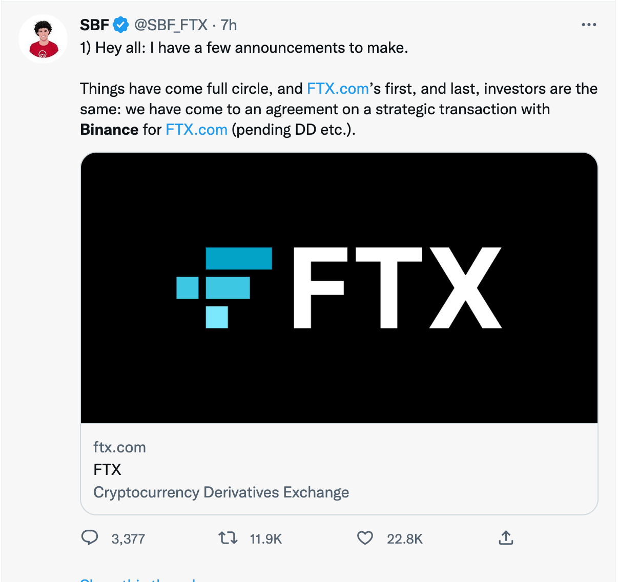 币安创始人宣布收购竞争对手FTX<strong>比特币行情</p>，加密货币市场应声暴跌