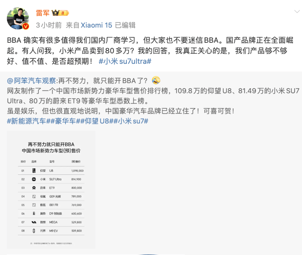 小米汽车卖到80多万<strong></p>
<p>领峰贵金属加息</strong>，网友称再不努力只能开BBA！雷军：不要迷信BBA