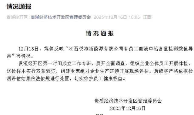 江西一铅蓄电池厂被曝多名员工血铅异常，官方通报